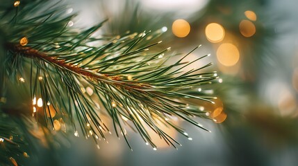 Glistening pine needles with crystal droplets and layered festive light circles