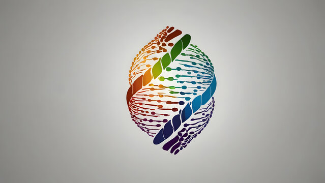 Abstract colorful DNA helix concept with digital circuit board integration representing genetic engineering and biotechnology innovation