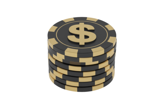 A stack of black and gold casino poker chips with a prominent dollar sign on the top, representing wealth and gambling. background removed