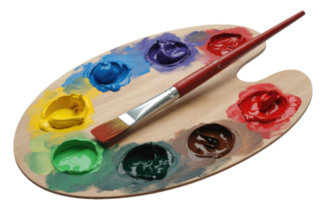 A wooden artist's palette holds vibrant blobs of paint in various colors, accompanied by a paintbrush, ready for creative expression. background removed