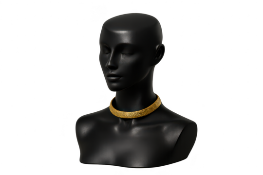 Luxurious gold choker necklace on a black mannequin, isolated on transparent background