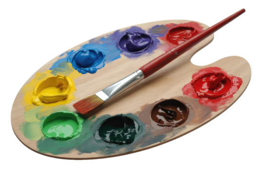 A wooden artist's palette holds vibrant blobs of paint in various colors, accompanied by a paintbrush, ready for creative expression. background removed
