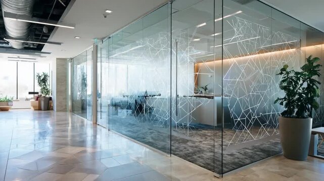 Medium shot of an office lobby showcasing laseretched glass partitions with geometric designs that enhance modern professionalism and natural light flow.