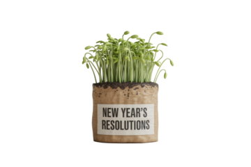 Fresh green sprouts grow from a kraft paper pot labeled 'NEW YEAR'S RESOLUTIONS', symbolizing growth, new beginnings, and commitments for the year ahead. background removed