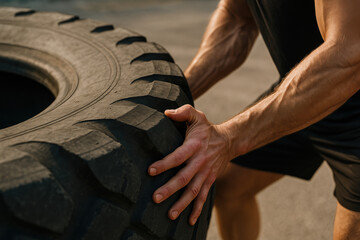 Muscle and Momentum: A determined athlete harnesses strength to push a massive tire, embodying the essence of physical exertion and human resilience.