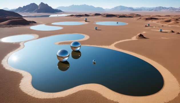 Mysterious metallic spheres float in a vast desert landscape