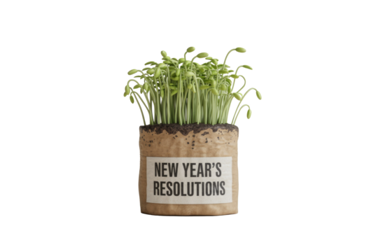 Fresh green sprouts grow from a kraft paper pot labeled 'NEW YEAR'S RESOLUTIONS', symbolizing growth, new beginnings, and commitments for the year ahead. background removed