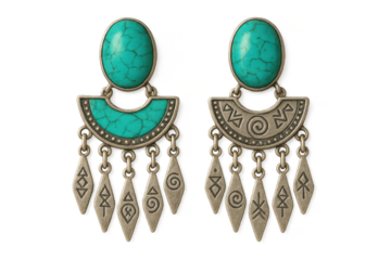 Pair of Ethnic earrings with turquoise stones isolated on transparent background
