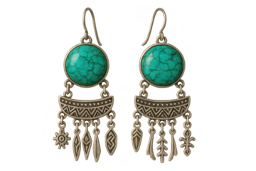 Elegant silver earrings with turquoise stones isolated on transparent background