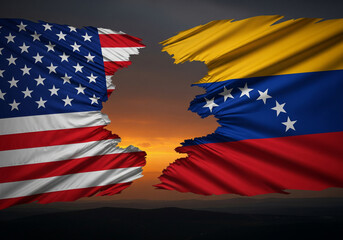 A dramatic {oil paintingdigital illustration} of Venezuela's national flag violently tearing through the American flag, with {stormy sunset lightingmidnight battlefield glow}, symbolic tension emphasi