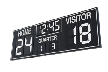 A digital scoreboard showing 'HOME 24', 'VISITOR 18', 'QUARTER 1', and '12:45' on the clock, ready for a sports event. background removed