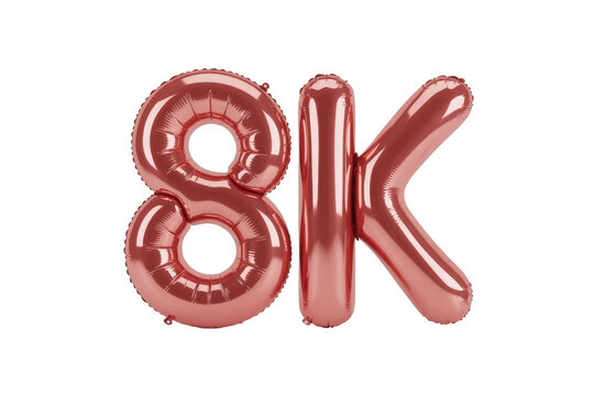 Rose gold metallic foil balloons forming '8K' against a solid transparent background, representing a high-resolution milestone or achievement. background removed - Powered by Adobe