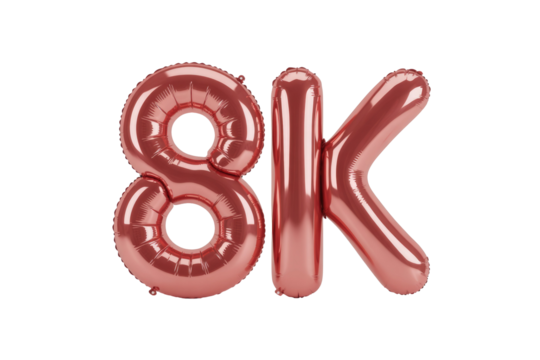 Rose gold metallic foil balloons forming '8K' against a solid transparent background, representing a high-resolution milestone or achievement. background removed