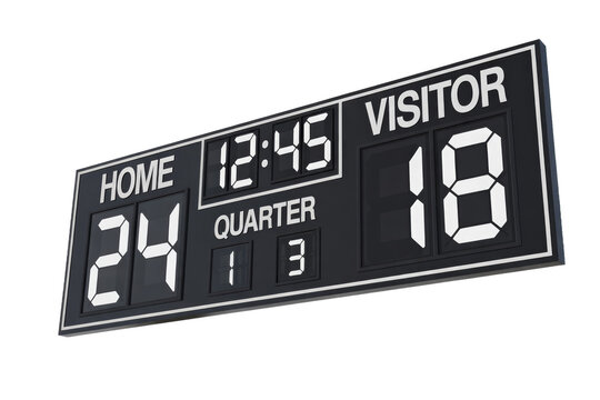 A digital scoreboard showing 'HOME 24', 'VISITOR 18', 'QUARTER 1', and '12:45' on the clock, ready for a sports event. background removed