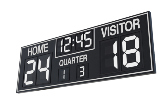 A digital scoreboard showing 'HOME 24', 'VISITOR 18', 'QUARTER 1', and '12:45' on the clock, ready for a sports event. background removed