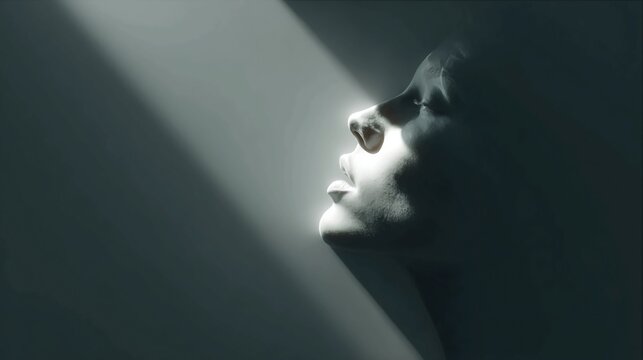 Elegant face profile illuminated by dramatic light, artistic portrait highlighting beauty and serenity, perfect for inspiring creative projects and design