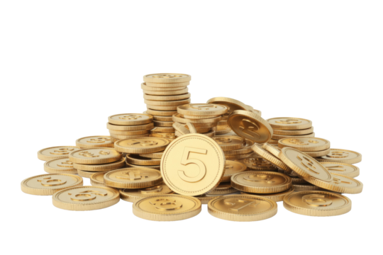 A large pile of shiny golden coins, prominently featuring a coin with the number 5, set against a plain transparent background. background removed