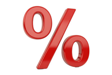 A vivid red, glossy 3D rendered percentage symbol. This bold graphic represents discounts, sales, rates, and financial calculations. background removed