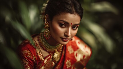 Ethereal Beauty: Woman in Traditional Indian Sari Amidst Lush Greenery