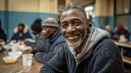 Elderly homeless man smiling during community meal