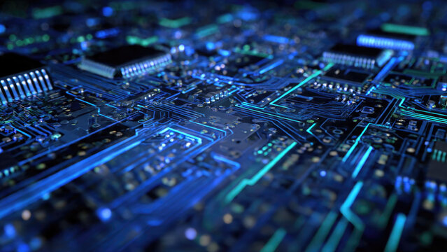 Dynamic close-up of a high-tech circuit board with luminous blue and teal pathways. Represents advanced computing, data flow, and modern digital infrastructure.