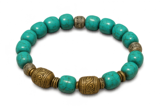 Beautiful turquoise beaded bracelet with metal spacers, isolated on transparent background