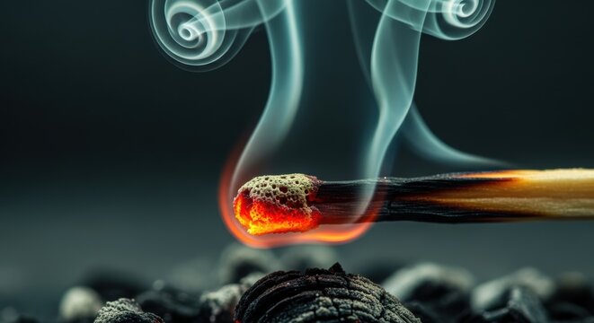 Burning match stick with wisps of smoke rising creating an abstract flame effect on a dark background displaying heat and fire