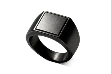 Elegant silver signet ring with square face isolated on transparent background