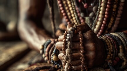 Close-up of hands holding prayer beads, showcasing spirituality and faith