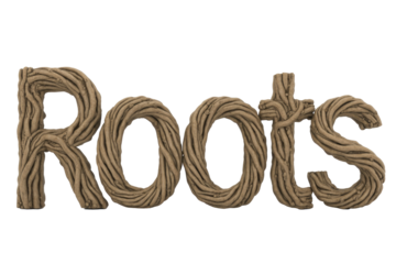 A visually striking depiction of the word "Roots" crafted entirely from intertwined brown vines or tree branches, against a solid transparent background. background removed