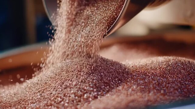 Medium shot of automated granulating equipment transforming shredded copper wire into fine granules for reuse in manufacturing