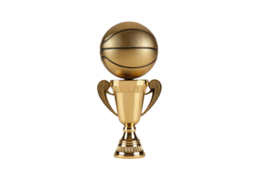 A radiant golden basketball sits majestically atop a matching golden trophy cup, symbolizing ultimate victory and championship in sports. background removed