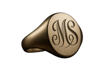 Elegant gold signet ring with monogram MS isolated on transparent background