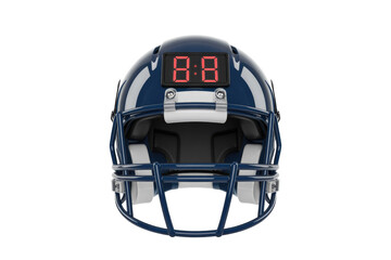 A dark blue American football helmet with a digital scoreboard showing '8:8' on its crown, set against a solid transparent background. background removed