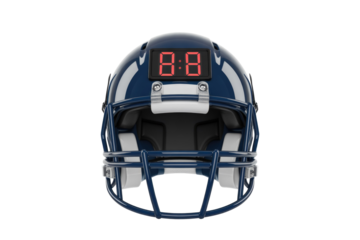 A dark blue American football helmet with a digital scoreboard showing '8:8' on its crown, set against a solid transparent background. background removed