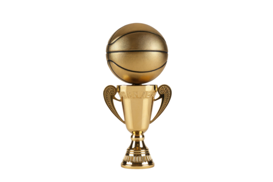 A radiant golden basketball sits majestically atop a matching golden trophy cup, symbolizing ultimate victory and championship in sports. background removed