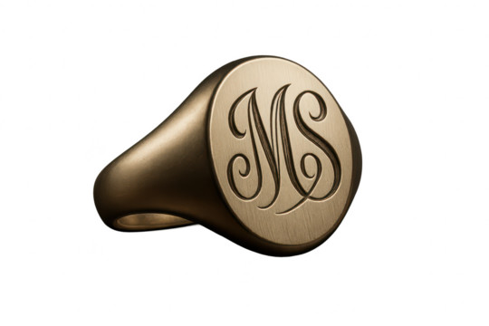 Elegant gold signet ring with monogram MS isolated on transparent background