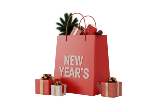 A festive red shopping bag reads 'NEW YEAR'S', filled with gifts and a fir branch, surrounded by beautifully wrapped presents, ready for celebrations. background removed
