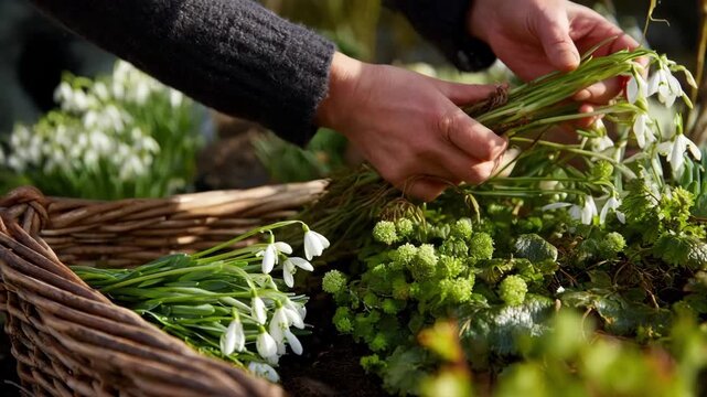 Medium shot of a person picking delicate snowdrops and evergreens from a winter garden bed highlighting subtle seasonal flower choices.