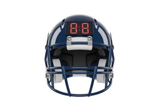 A dark blue American football helmet with a digital scoreboard showing '8:8' on its crown, set against a solid transparent background. background removed