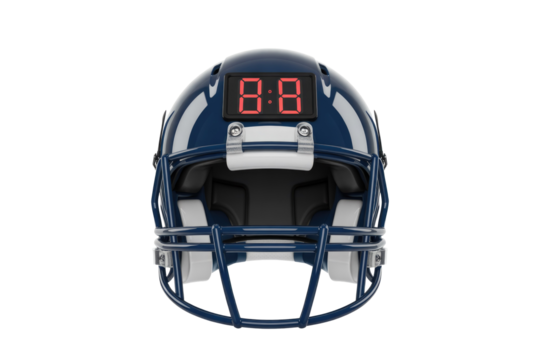 A dark blue American football helmet with a digital scoreboard showing '8:8' on its crown, set against a solid transparent background. background removed