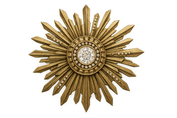 Golden starburst brooch with diamond on transparent background, isolated object