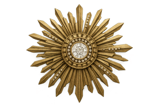 Golden starburst brooch with diamond on transparent background, isolated object