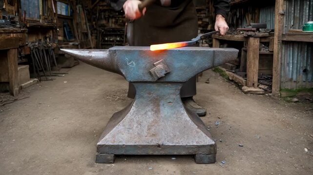Medium shot of a traditional anvil horn used by a blacksmith to curve and shape heated metal with precision.