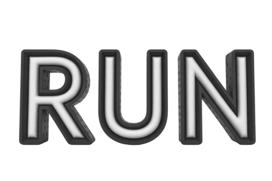 A 3D word 'RUN' in bold, white, textured letters with a black outline, prominently displayed against a solid transparent background. background removed
