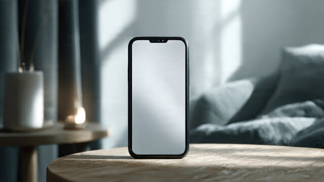 Blank screen smartphone mockup on a natural wooden table, bathed in soft sunlight within a minimalist, cozy room setting. - Powered by Adobe