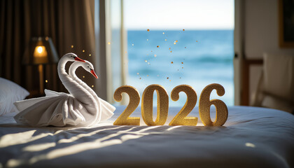 Elegant swan towel display with glittery 2026 decoration in sunlit beachfront room.