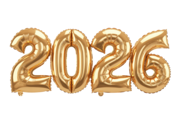 Golden foil balloons spelling out the year 2026, perfect for New Year celebrations, anniversaries, or future-themed designs. background removed