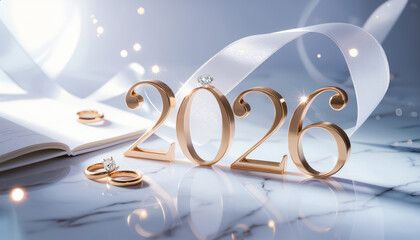 Golden 2026 wedding theme with rings and ribbon on marble surface.