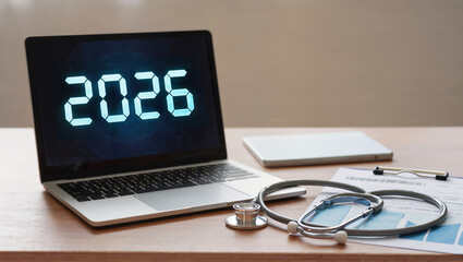 Futuristic healthcare concept: digital year 2026 displayed on laptop with stethoscope.